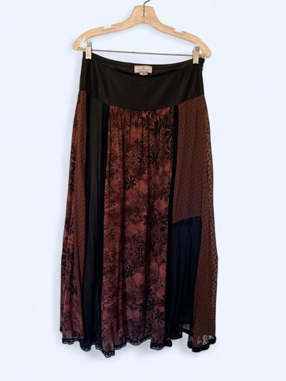 Peruvian Connection 100% silk patchwork maxi skirt Size 8